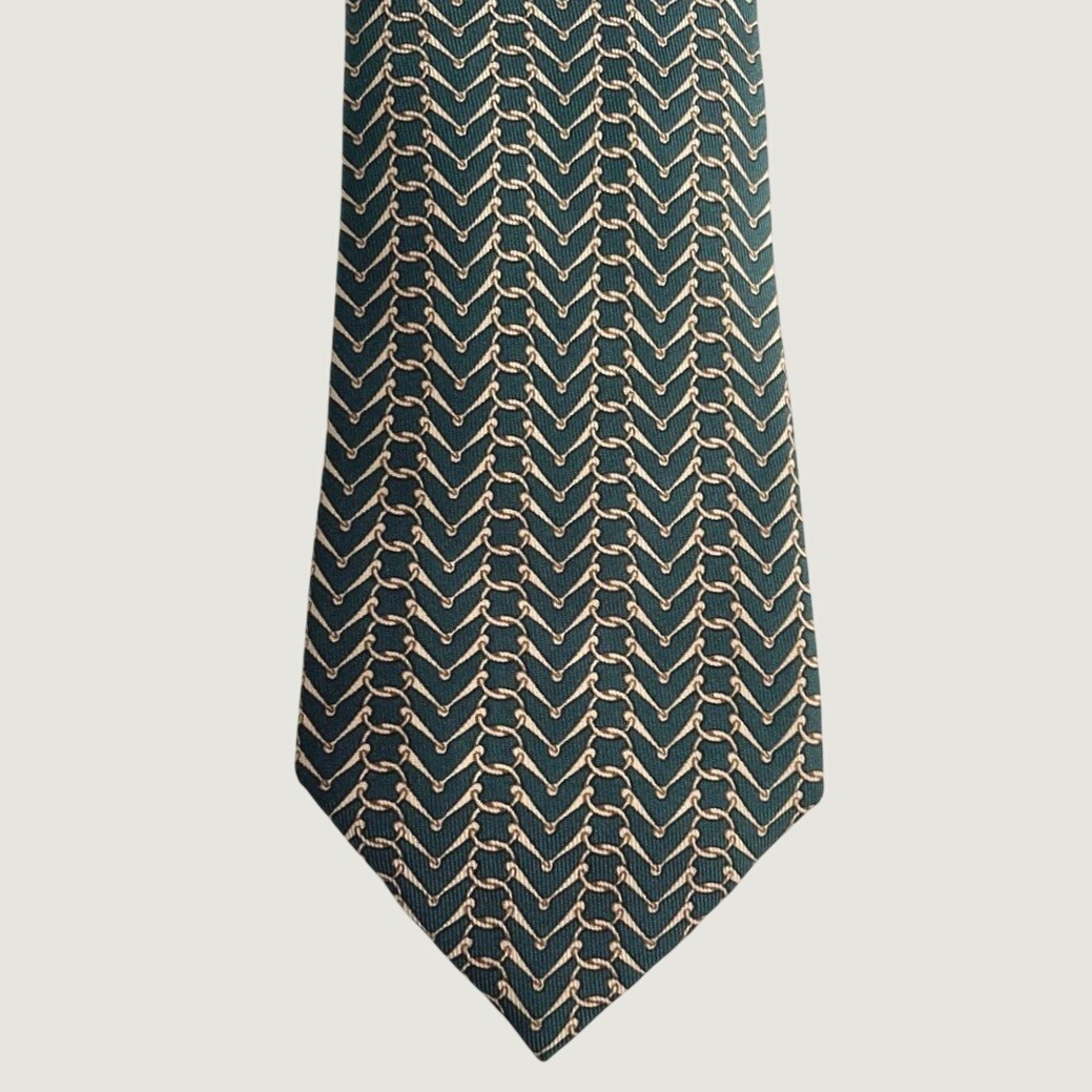 Men's Silk Tie Green Geometric Chain Chevron Pattern 753 UA France